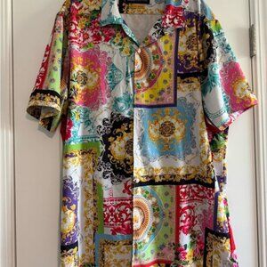 Red and Pink Casual Button Down Shirt with Patchwork Design